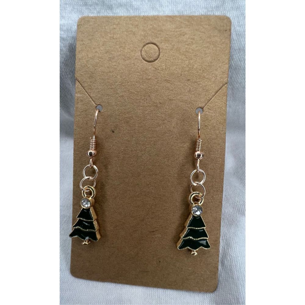 Handmade Dangly Christmas Tree Earrings With Jewel On Top